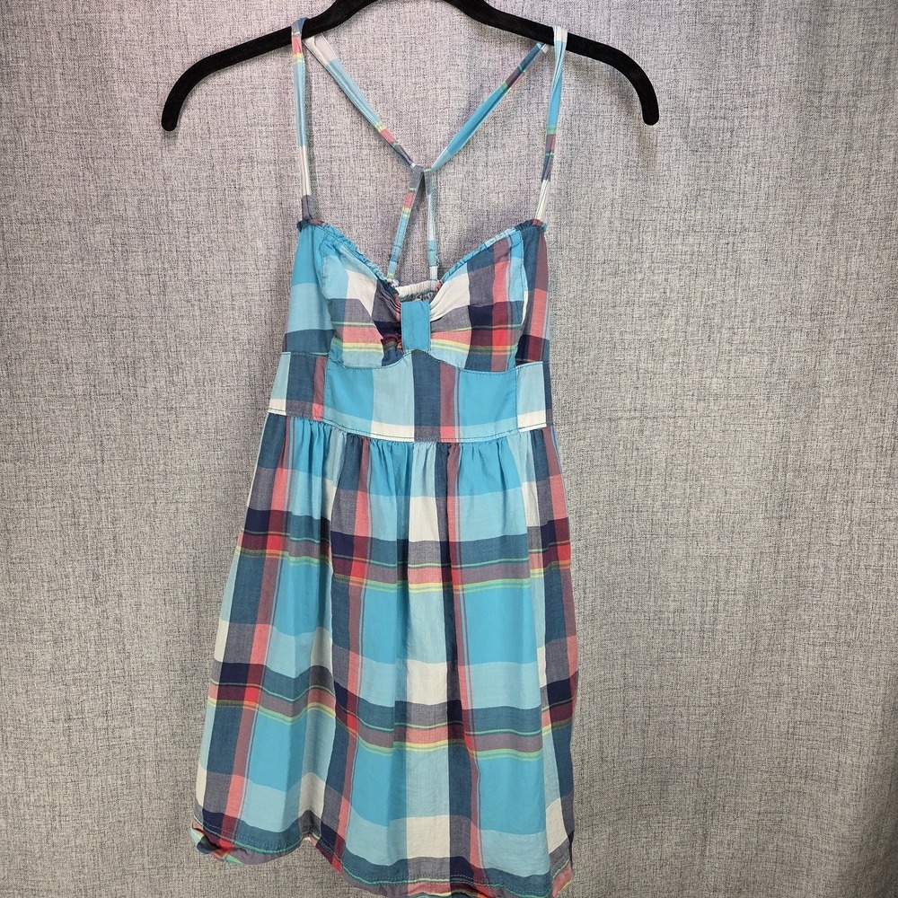 Hollister Y2K Blue Plaid Bow Bodice Smocked Small Mini Sundress Babydoll Preppy